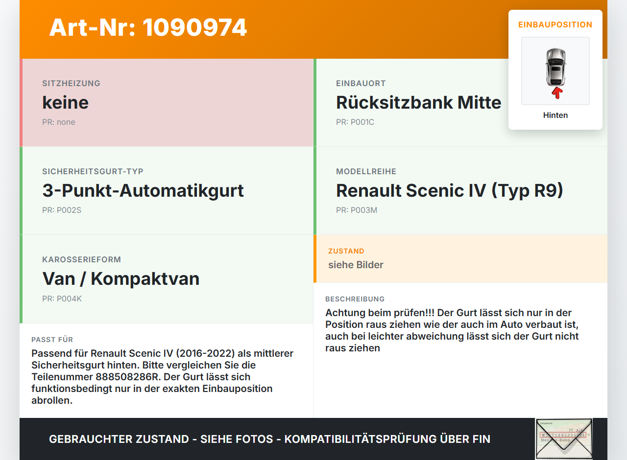 Renault Scenic IV R9 16-22 Gurt Sicherheitsgurt Mitte Hinten Renault Scenic IV R9 16-22 01.04.2019 888508286R gebraucht Vorschau 3