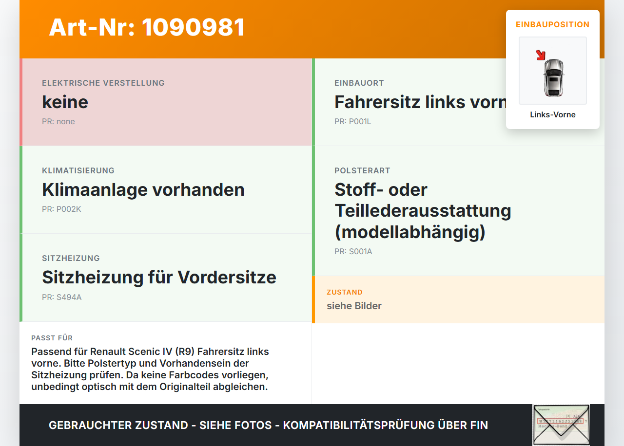 Renault Scenic IV R9 16-22 Sitzbezug Sitzpolster für Fahrersitz Sitz Links Vorne Renault Scenic IV R9 16-22... Vorschau 3