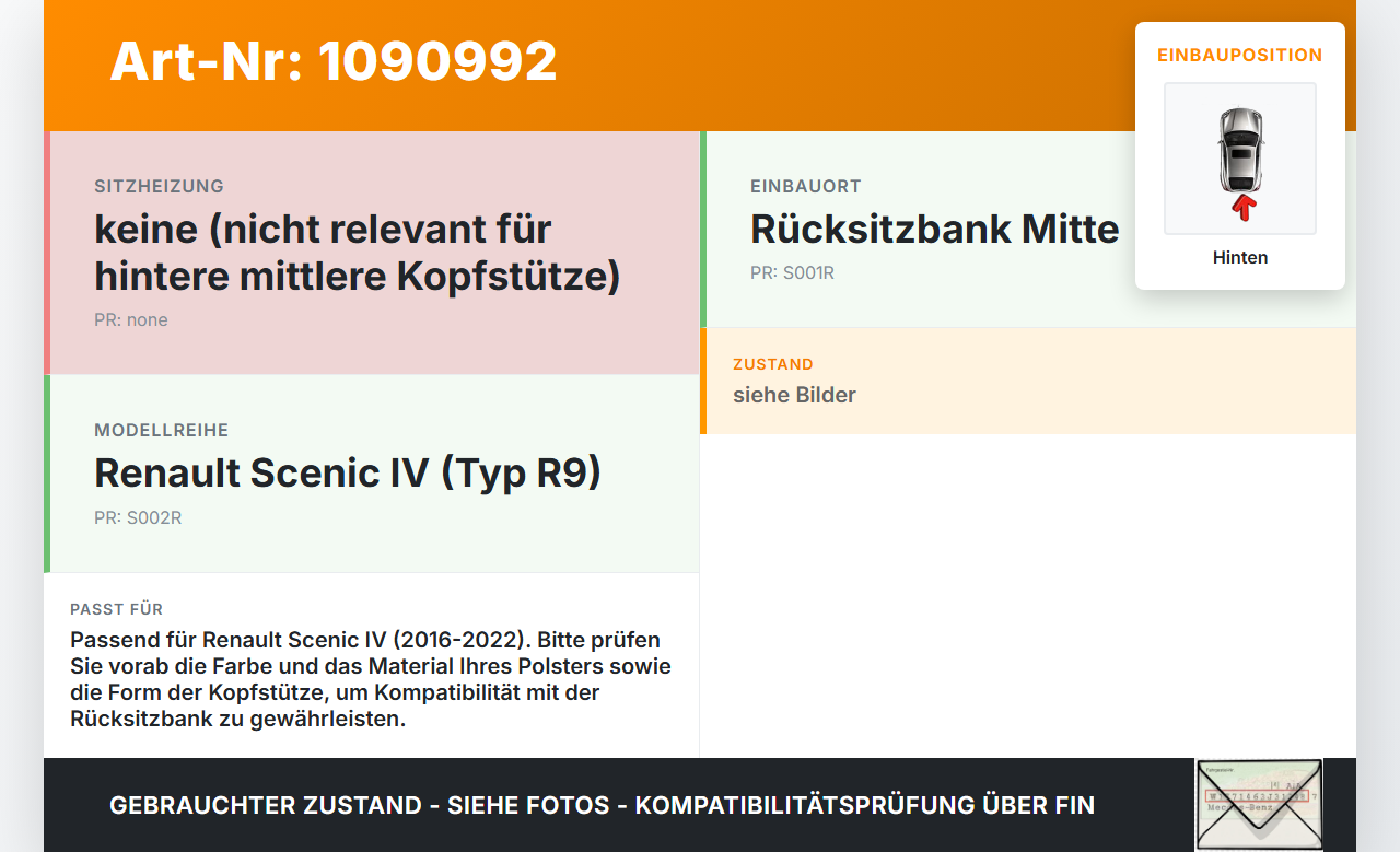 Renault Scenic IV R9 16-22 Kopfstütze Mitte Hinten Renault Scenic IV R9 16-22 01.04.2019 gebraucht Vorschau 3