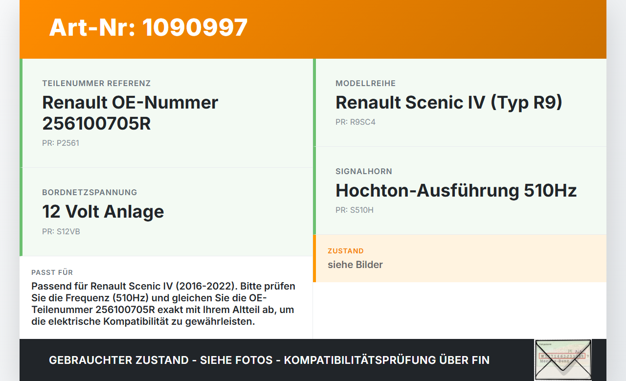 Renault Scenic IV R9 16-22 Hupe Signalhorn Hochtöner 510Hz Renault Scenic IV R9 16-22 01.04.2019 256100705R gebraucht Vorschau 3