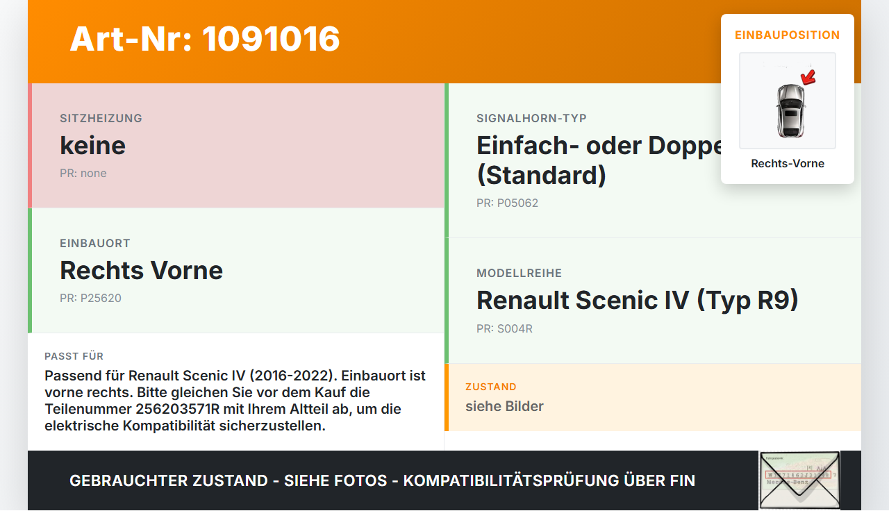 Renault Scenic IV R9 16-22 Hupe Signalhorn Rechts Vorne Renault Scenic IV R9 16-22 01.04.2019 256203571R gebraucht Vorschau 3