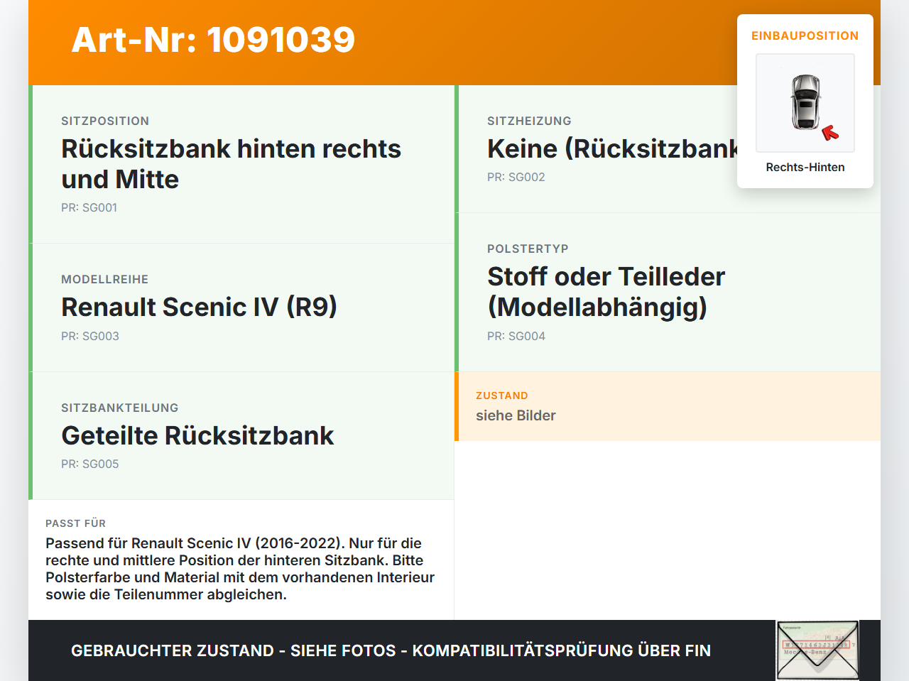 Renault Scenic IV R9 16-22 Sitzbezug Sitzpolster Rechts und Mitte für Rücksitzbank Hinten Renault Scenic IV R9... Vorschau 3