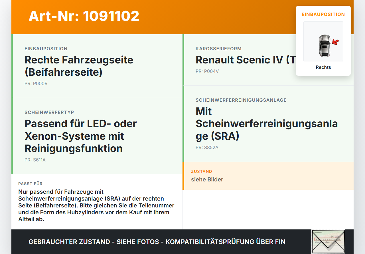 Renault Scenic IV R9 16-22 Waschdüse Hubzylinder SRA für Scheinwerfer Rechts Renault Scenic IV R9 16-22 01.04.2019... Vorschau 3