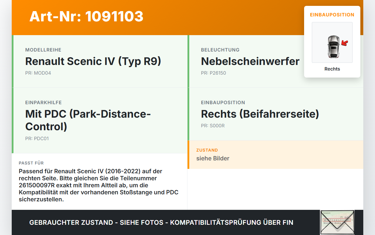 Renault Scenic IV R9 16-22 Nebelscheinwerfer Rechts orig Renault Scenic IV R9 16-22 01.04.2019 89208691 261500097R... Vorschau 3