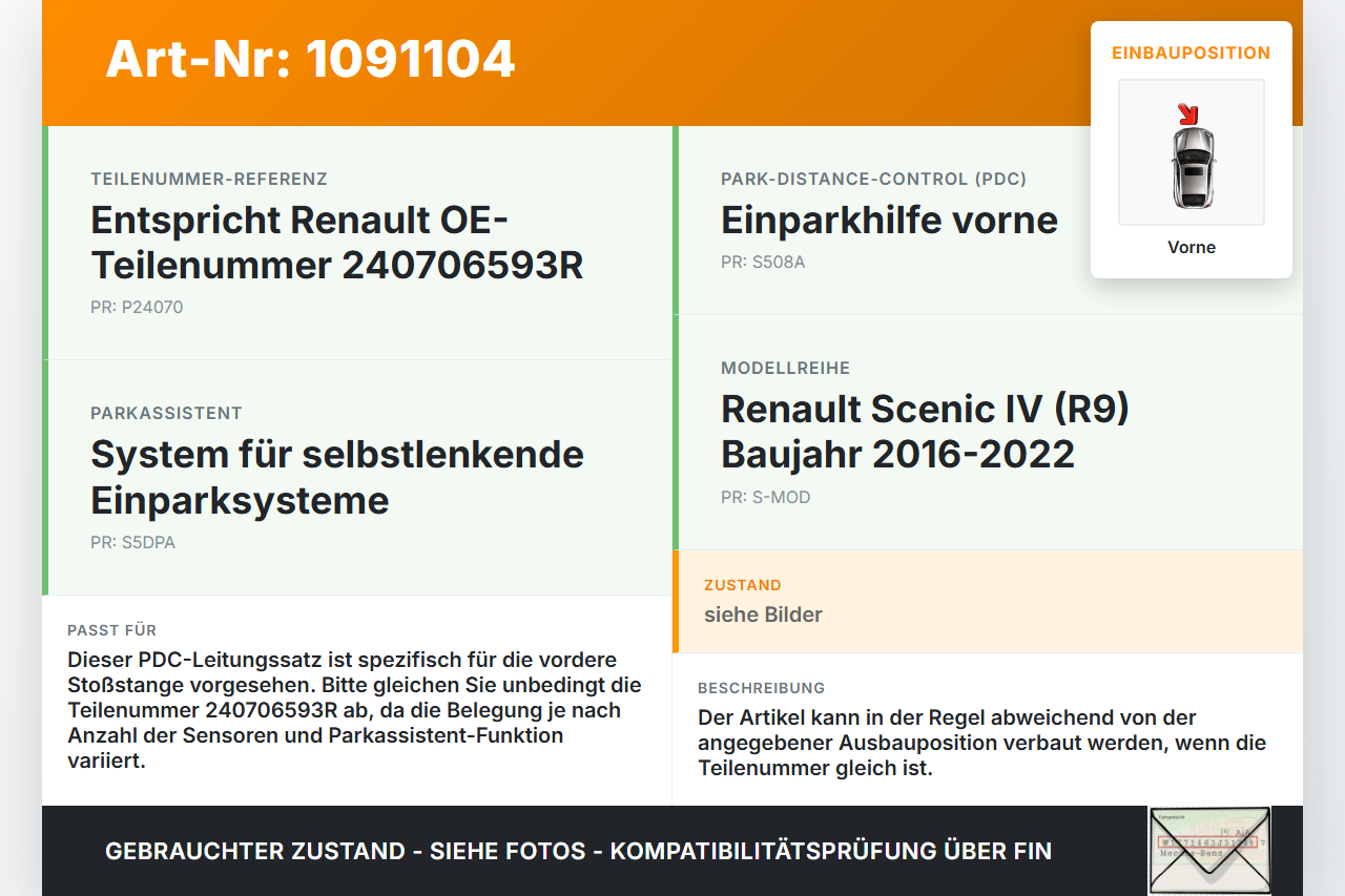 Renault Scenic IV R9 16-22 PDC Kabelbaum Leitungssatz Vorne Renault Scenic IV R9 16-22 01.04.2019 240706593R gebraucht Vorschau 3