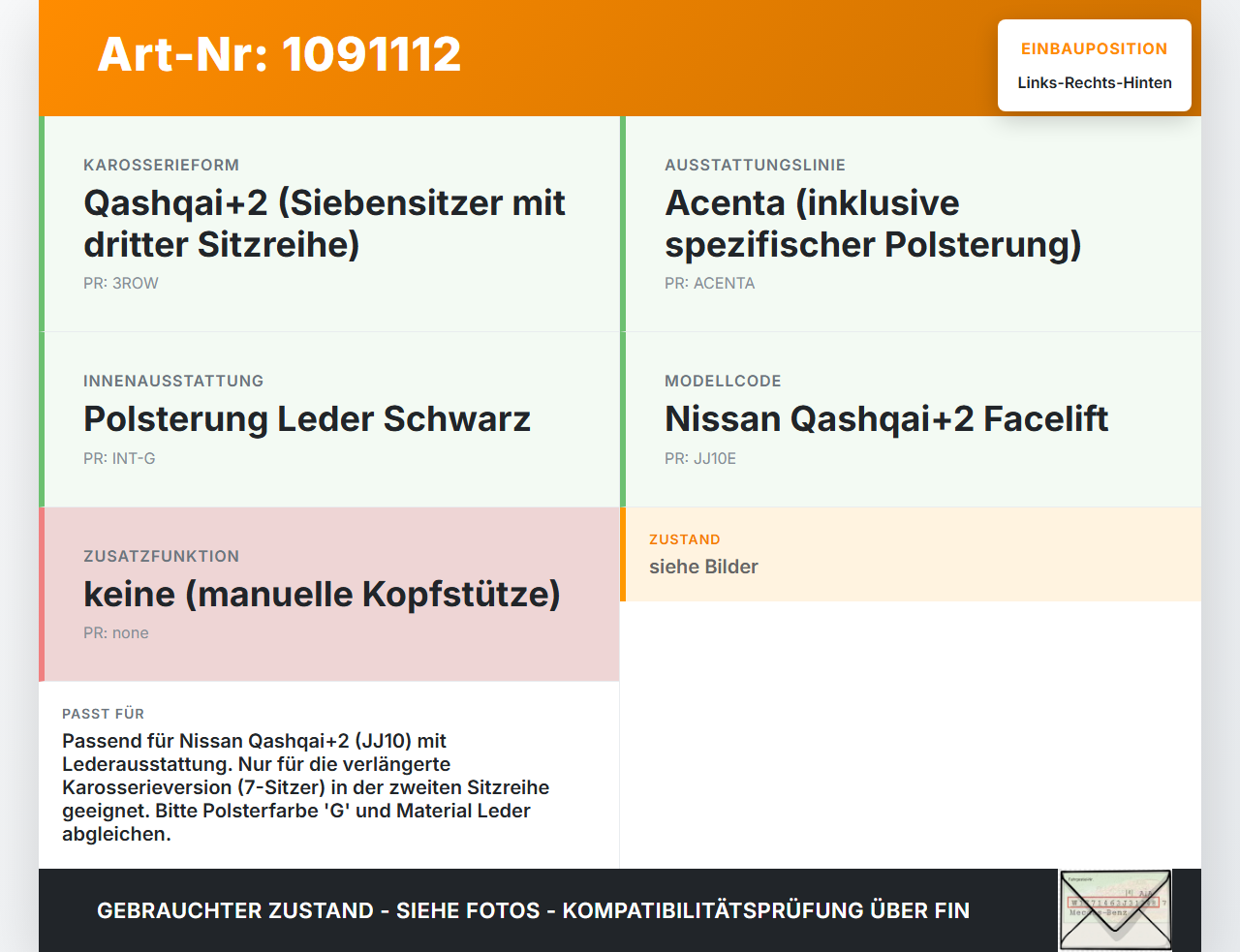 Nissan Qashqai +2 J10 10-13 Kopfstütze Rechts oder Links Hinten Leder Nissan Qashqai +2 J10 10-13 15.01.2013 gebraucht Vorschau 3