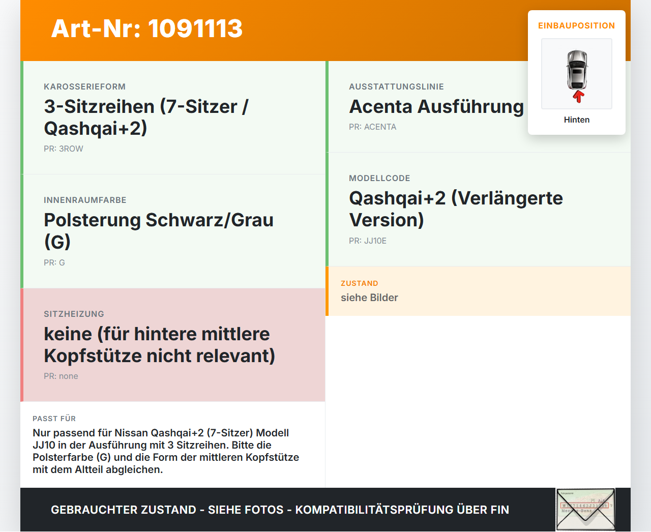 Nissan Qashqai +2 J10 10-13 Kopfstütze Mitte Hinten Nissan Qashqai +2 J10 10-13 15.01.2013 gebraucht Vorschau 3