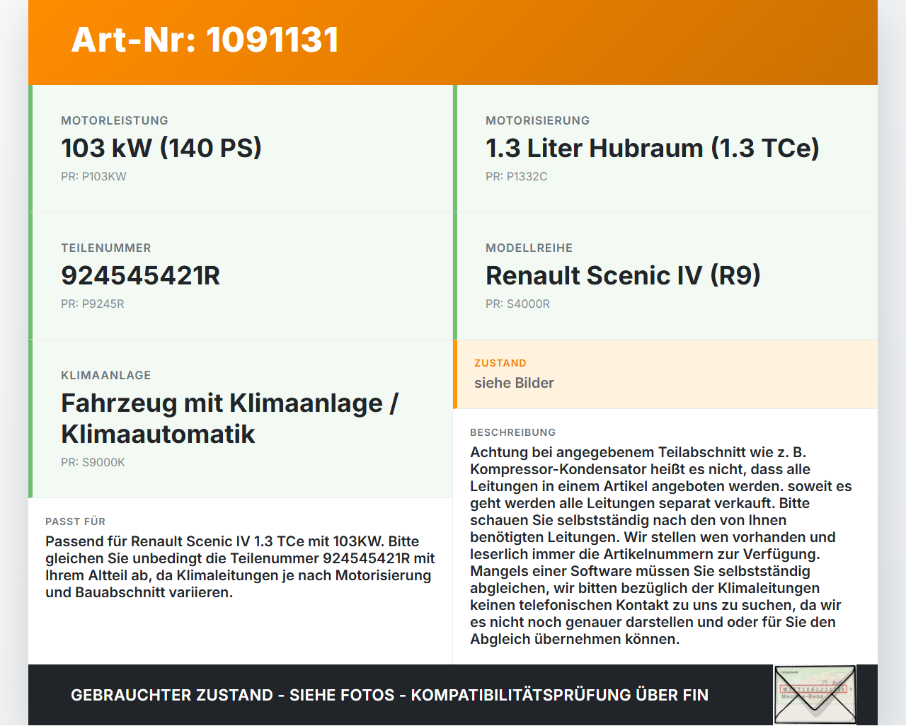 Renault Scenic IV R9 16-22 1,3 103KW Klimaschlauch Klimaleitung Renault Scenic IV R9 16-22 01.04.2019 924545421R... Vorschau 3