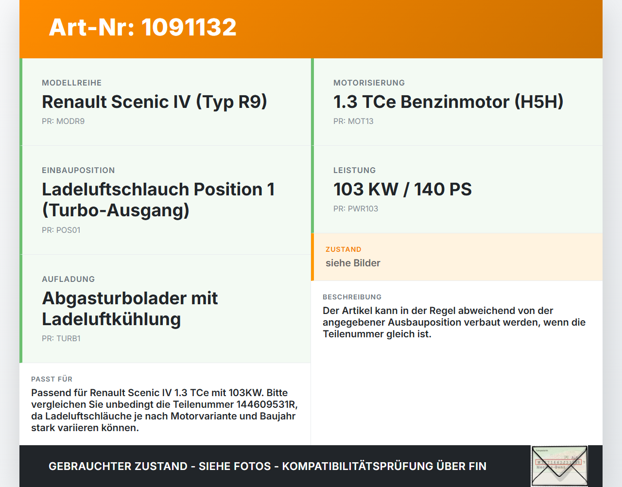 Renault Scenic IV R9 16-22 1,3 103KW Ansaugrohr Ladeluftschlauch Luftschlauch Pos.1 Renault Scenic IV R9 16-22... Vorschau 3