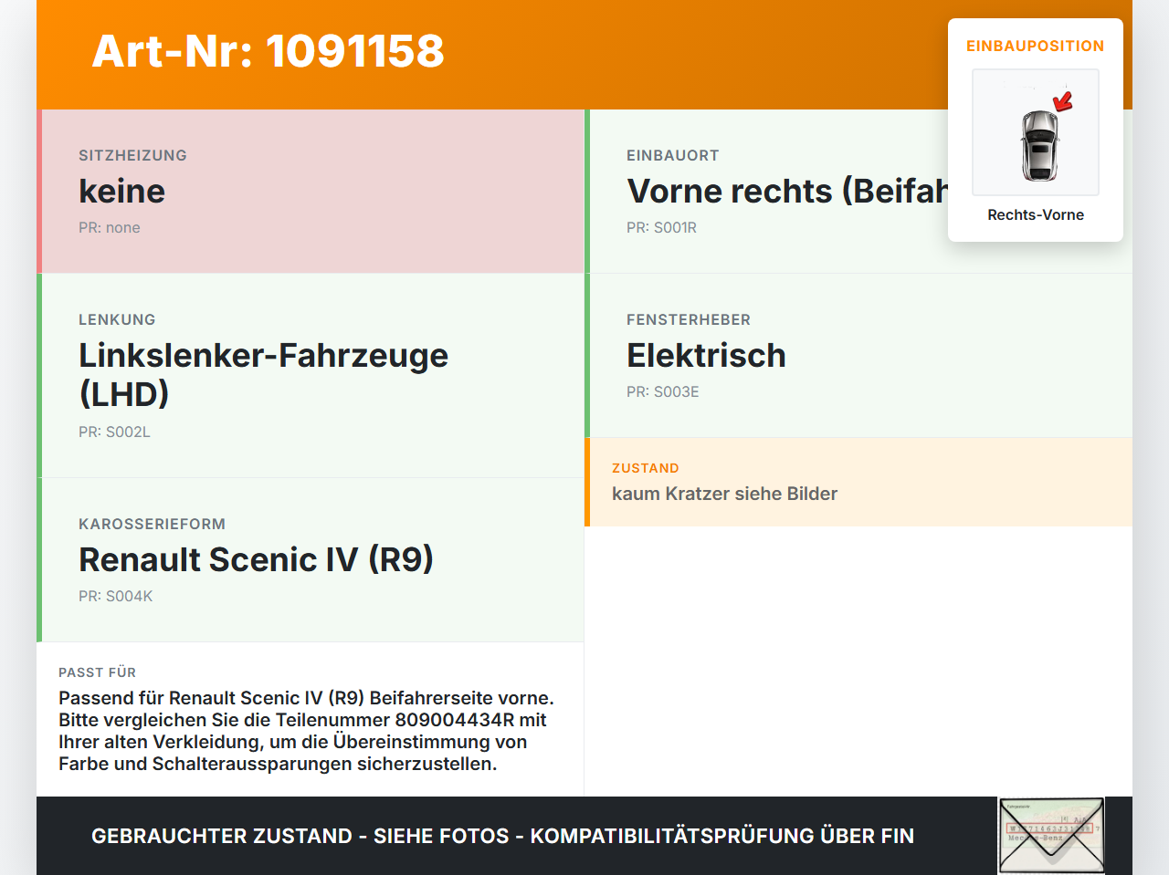 Renault Scenic IV R9 16-22 Türverkleidung Türpappe Rechts Vorne Renault Scenic IV R9 16-22 01.04.2019 809004434R... Vorschau 3