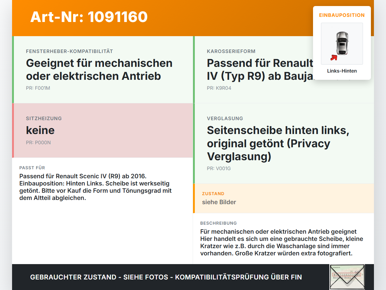 Renault Scenic IV R9 16-22 Seitenscheibe LHK  für Türscheibe Fenster Links Hinten Orig. getönt Renault Scenic IV R9... Vorschau 3