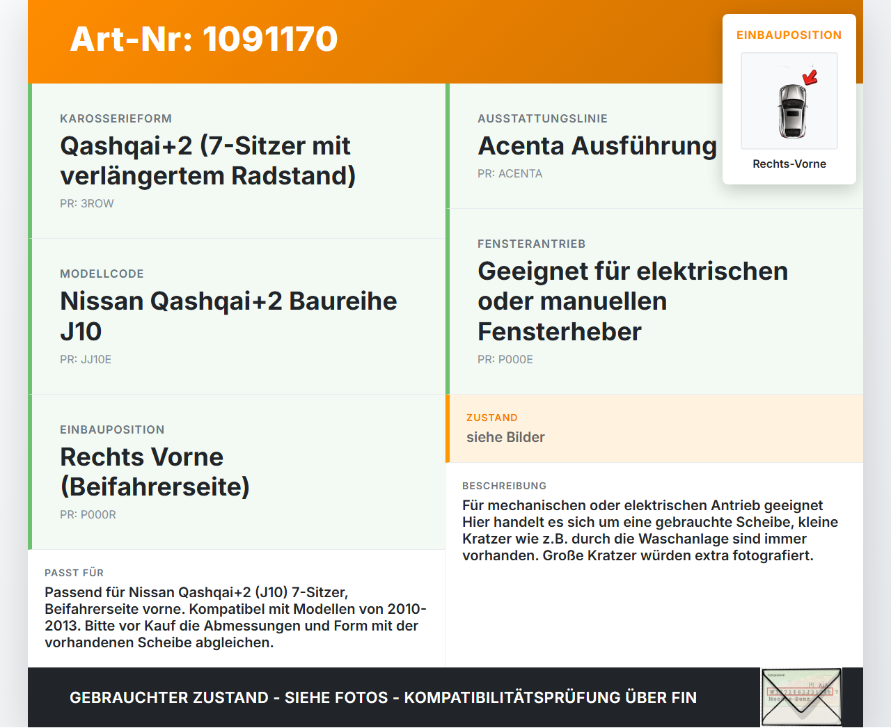 Nissan Qashqai +2 J10 10-13 RVK Seitenscheibe Tür Türscheibe Rechts Vorne Nissan Qashqai +2 J10 10-13 15.01.2013... Vorschau 3