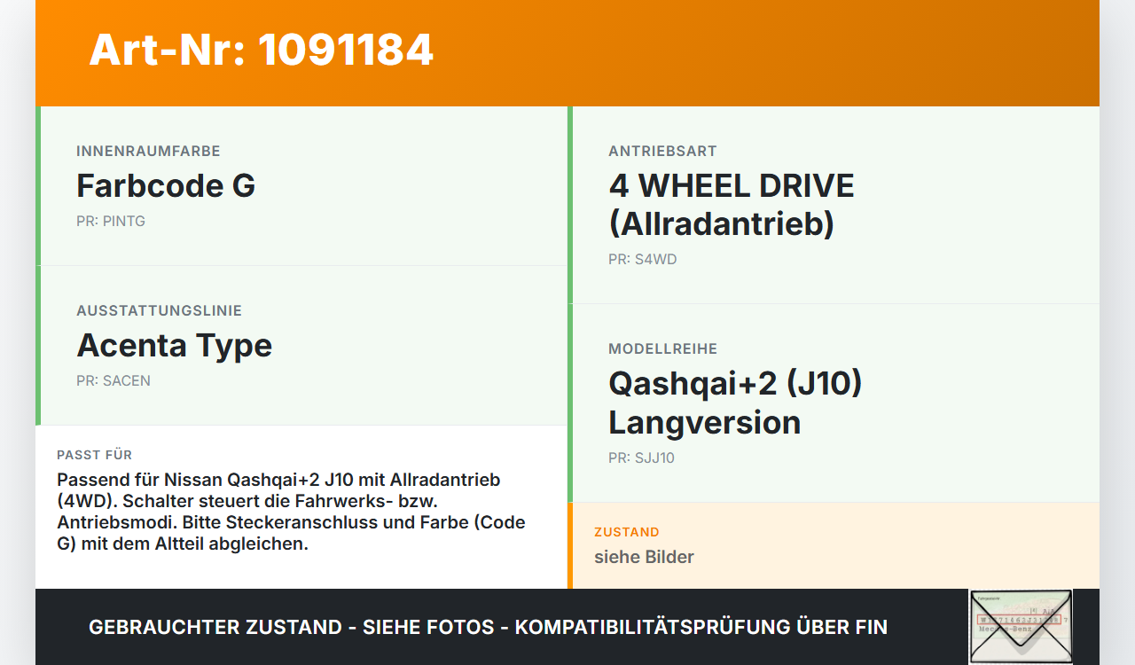 Nissan Qashqai +2 J10 10-13 Schalter Fahrwerksverstellung Nissan Qashqai +2 J10 10-13 15.01.2013 gebraucht Vorschau 3