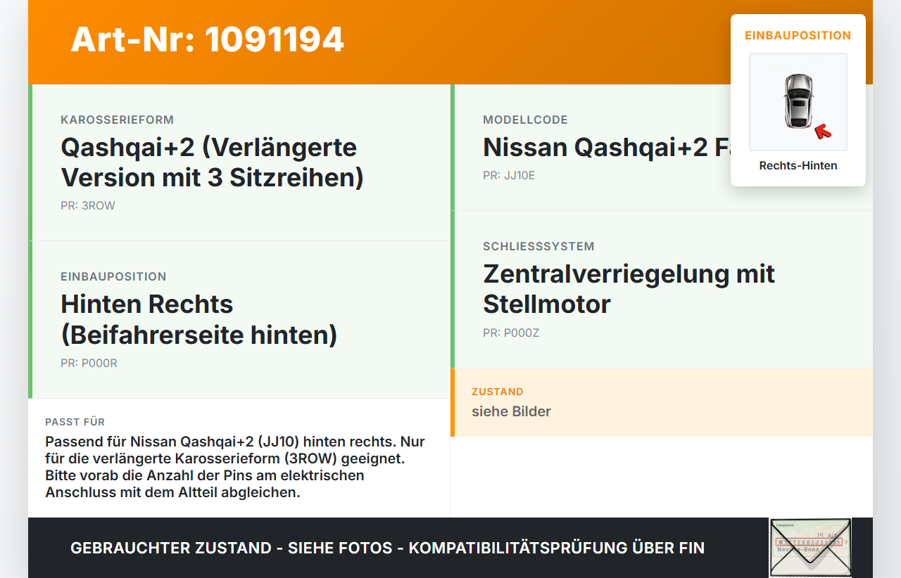 Nissan Qashqai +2 J10 10-13 Türschloss m. ZV Stellmotor Rechts Hinten Nissan Qashqai +2 J10 10-13 15.01.2013 gebraucht Vorschau 3
