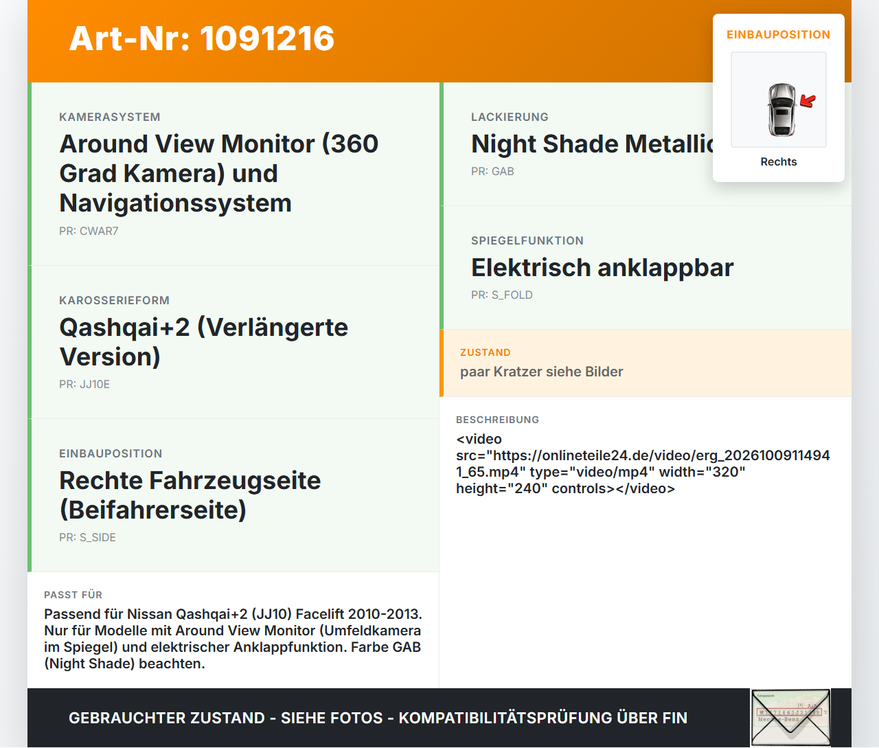 Nissan Qashqai +2 J10 10-13 Spiegel Aussenspiegel Rechts Umfeldkamera GAB Nissan Qashqai +2 J10 10-13 15.01.2013... Vorschau 3
