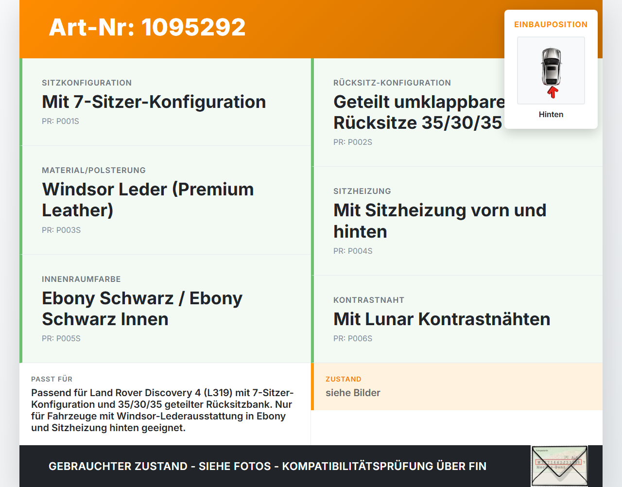 Land Rover Discovery 4 L319 09-13 Leder Sitz Mitte Hinten mittlere Reihe Land Rover Discovery 4 L319 09-13... Vorschau 3