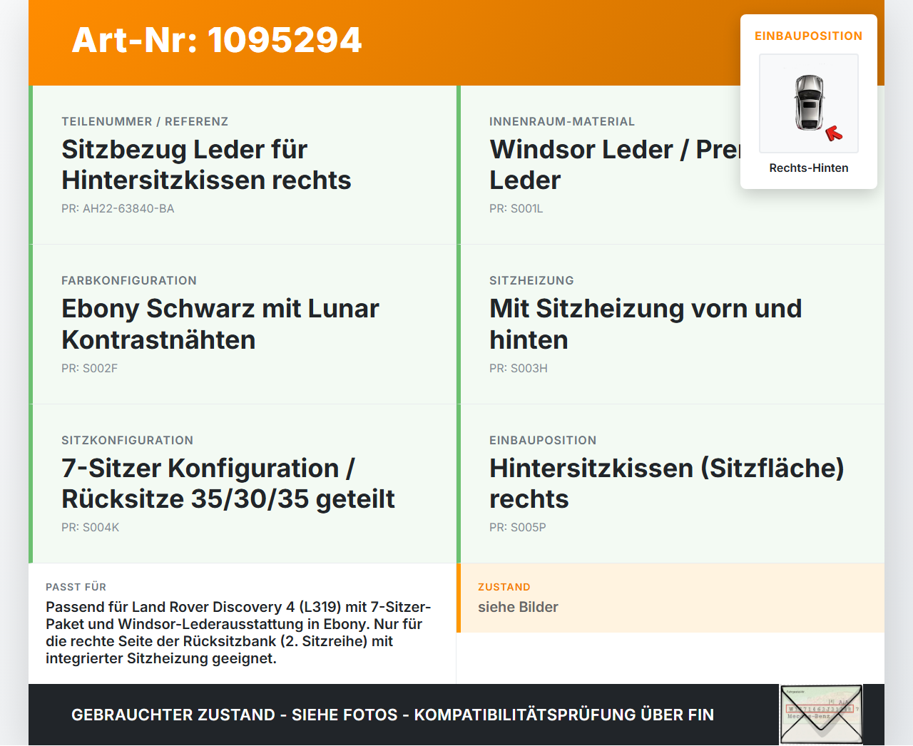 Land Rover Discovery 4 L319 09-13  Leder Sitzbezug Sitzpolster Rechts für Rücksitzbank Hinten beheizt Land Rover... Vorschau 3