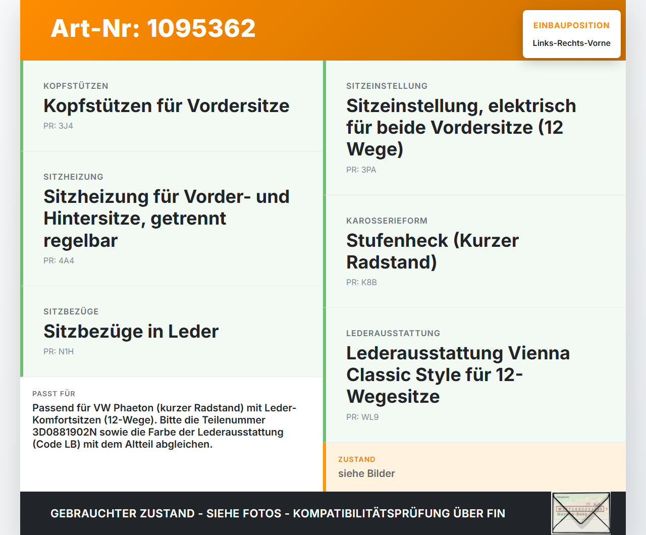 VW Phaeton 3D 02-07 Kurz Kopfstütze für Beifahrer Sitz Rechts oder Links Vorne VW Phaeton 3D 02-07 02.09.2004... Vorschau 3