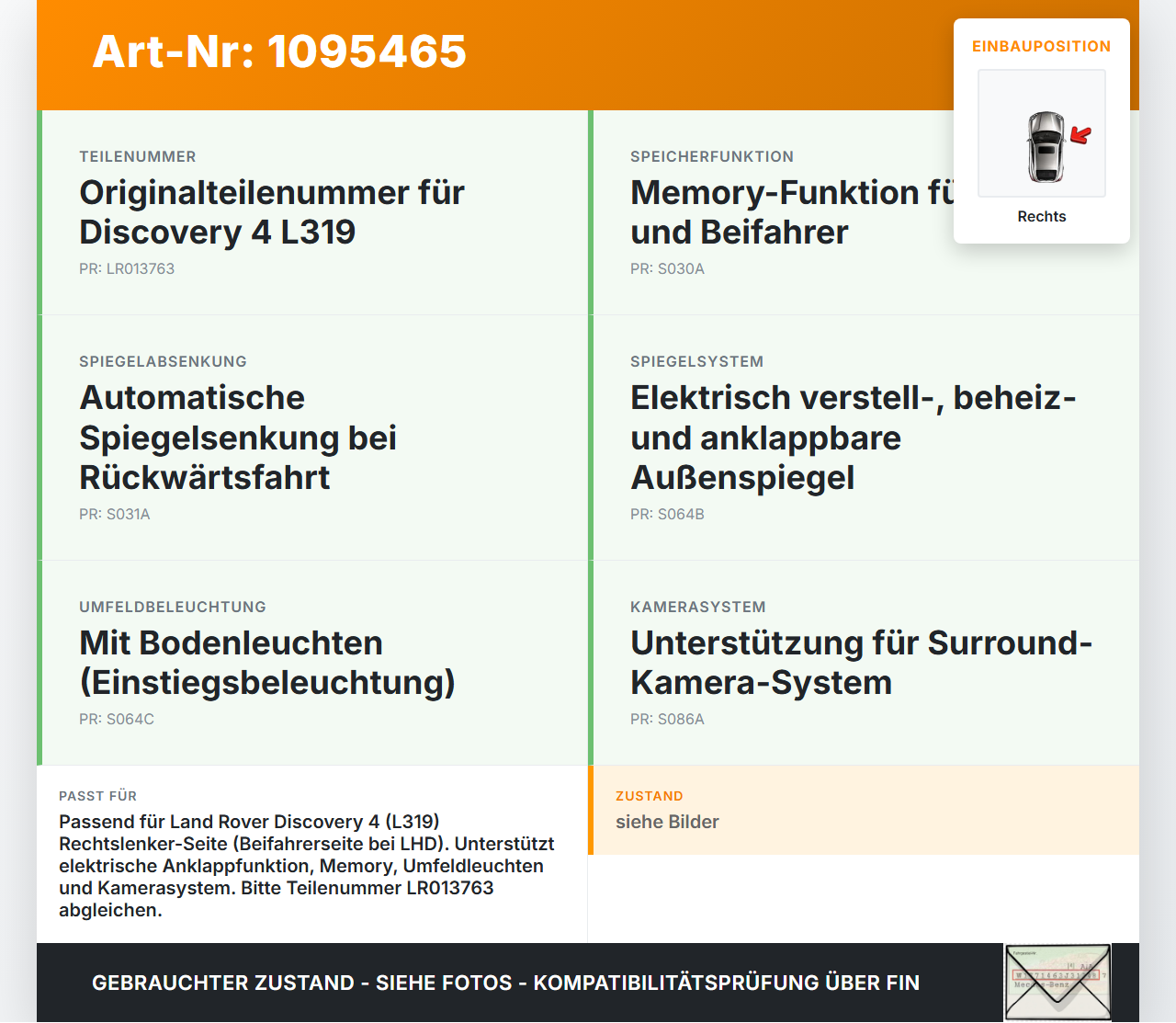 Land Rover Discovery 4 L319 09-13 Spiegel Aussenspiegel Rechts Elektr. Klappbar 949 Land Rover Discovery 4 L319... Vorschau 3