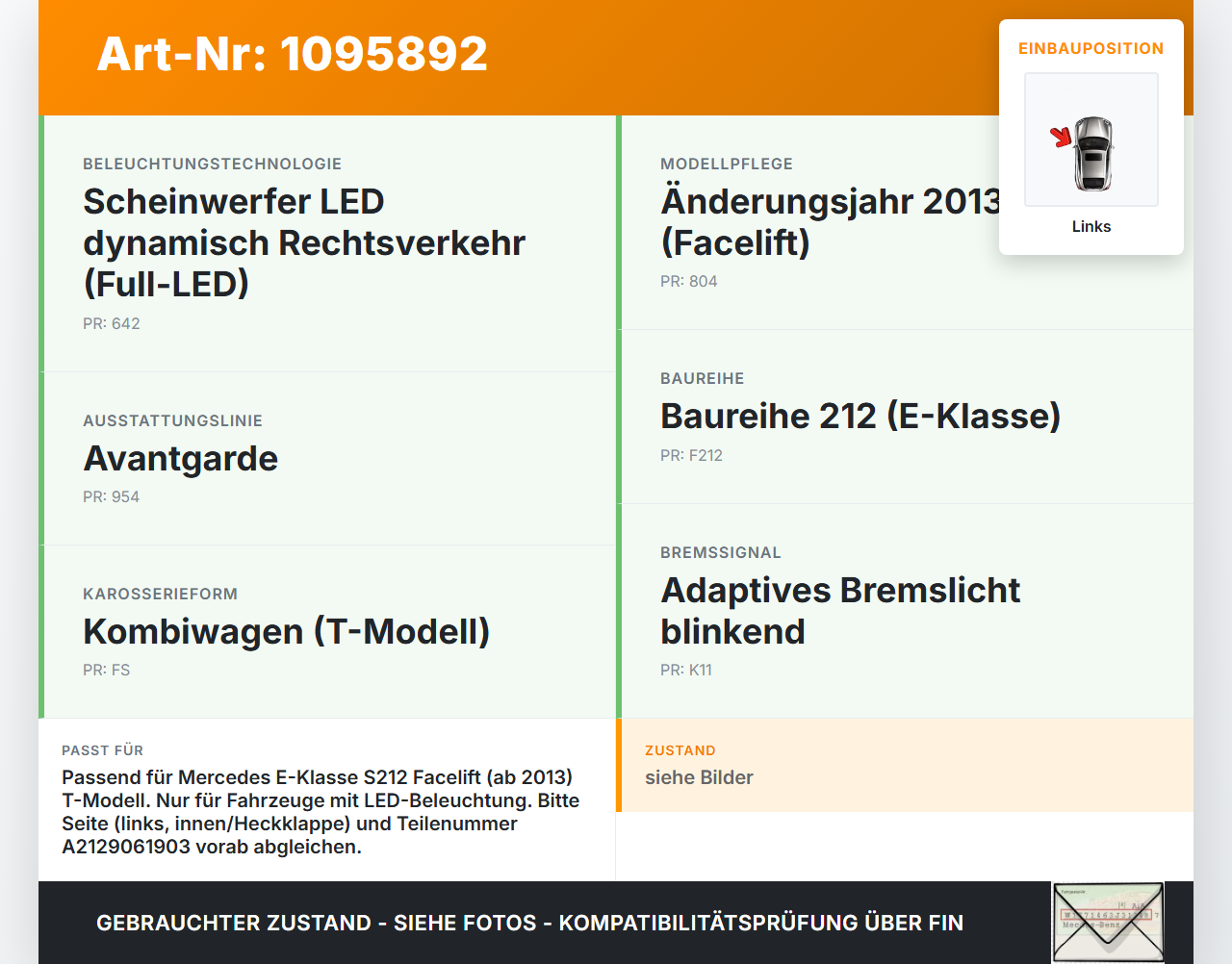 Mercedes S212 W212 E300h 13-16 Kombi Rückleuchte Heckleuchte Innen Heckklappe LED Links Mercedes S212 W212 E300h... Vorschau 3