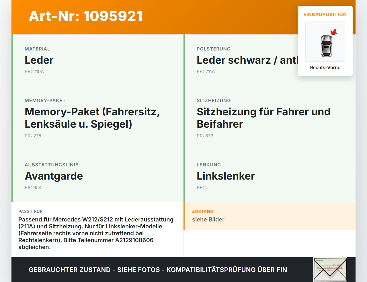 Mercedes S212 W212 E300h 13-16 Kombi Sitzbezug Rückenpolster Rechts Vorne für Beifahrer Sitz beheizt Mercedes S212... Vorschau 3