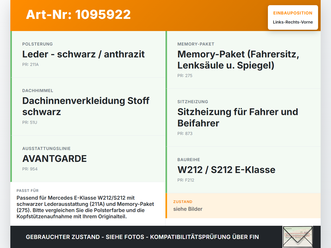 Mercedes S212 W212 E300h 13-16 Kombi Kopfstütze für Beifahrer Sitz Rechts oder Links Vorne Crash Aktiv Mercedes... Vorschau 3