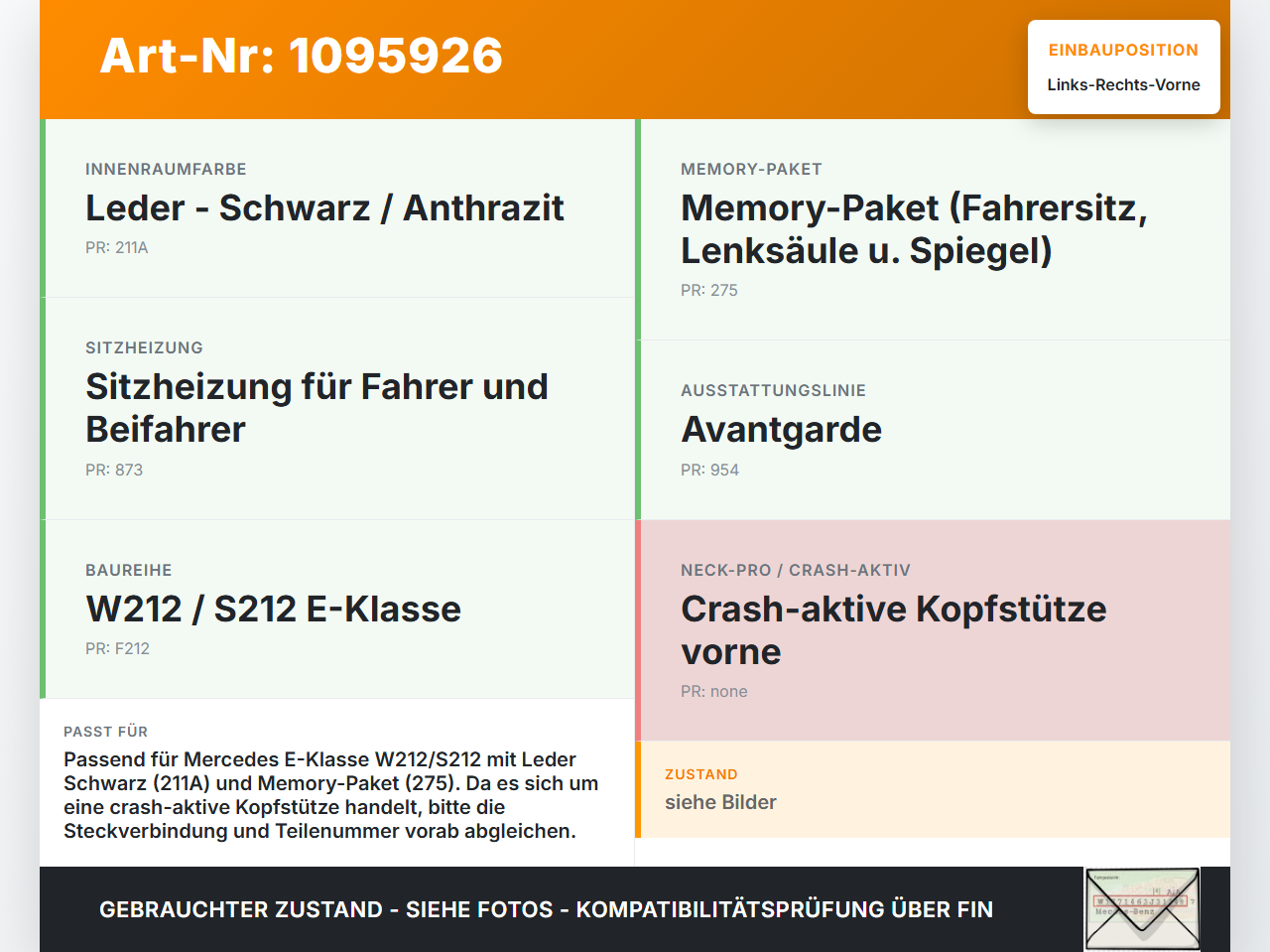 Mercedes S212 W212 E300h 13-16 Kopfstütze für Fahrer Sitz Rechts oder Links Vorne Crash Aktiv Mercedes S212 W212... Vorschau 3