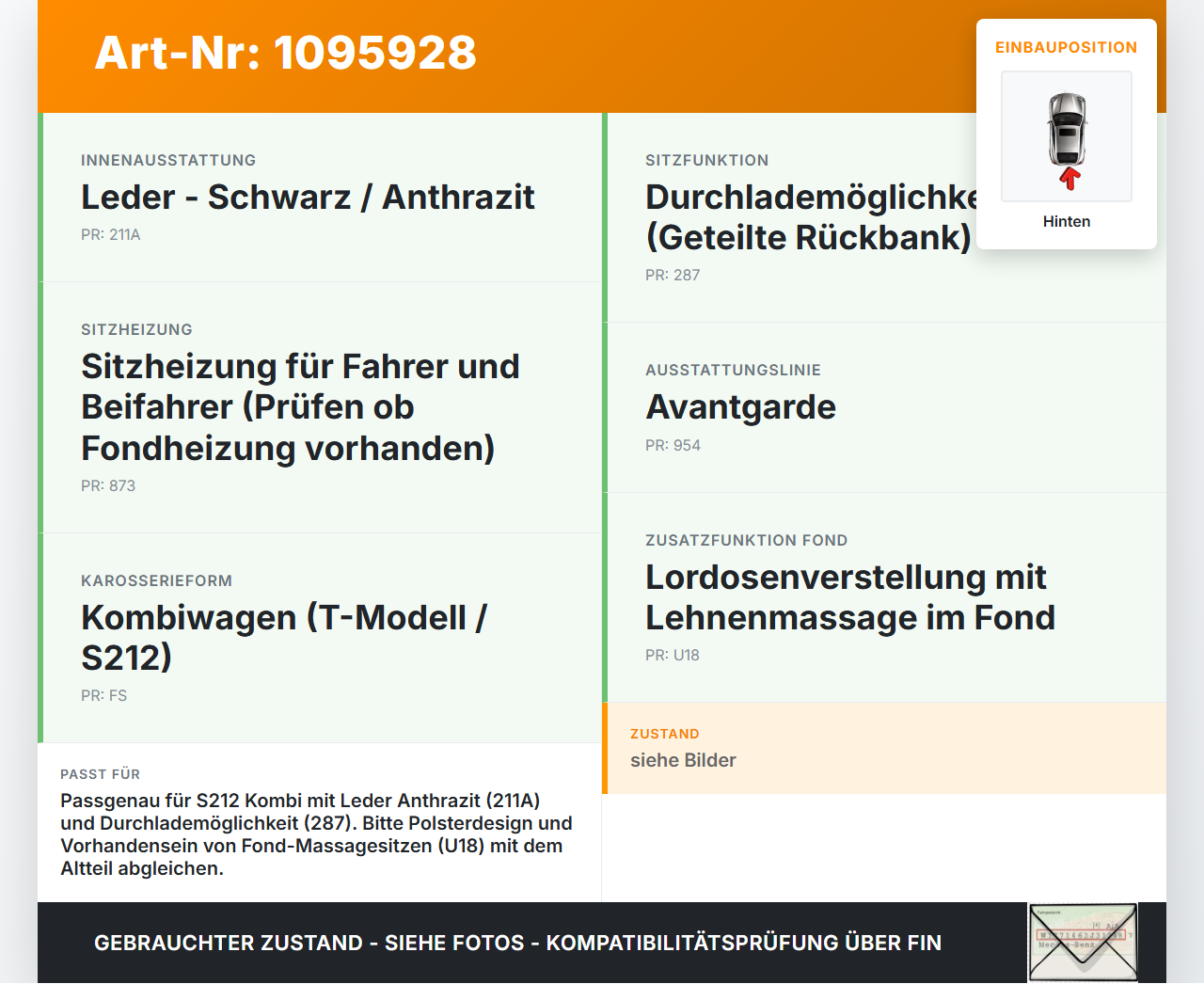 Mercedes S212 W212 E300h 13-16 Kombi Sitzbezug Sitzpolster für Rücksitzbank Hinten Mercedes S212 W212 E300h 13-16... Vorschau 3