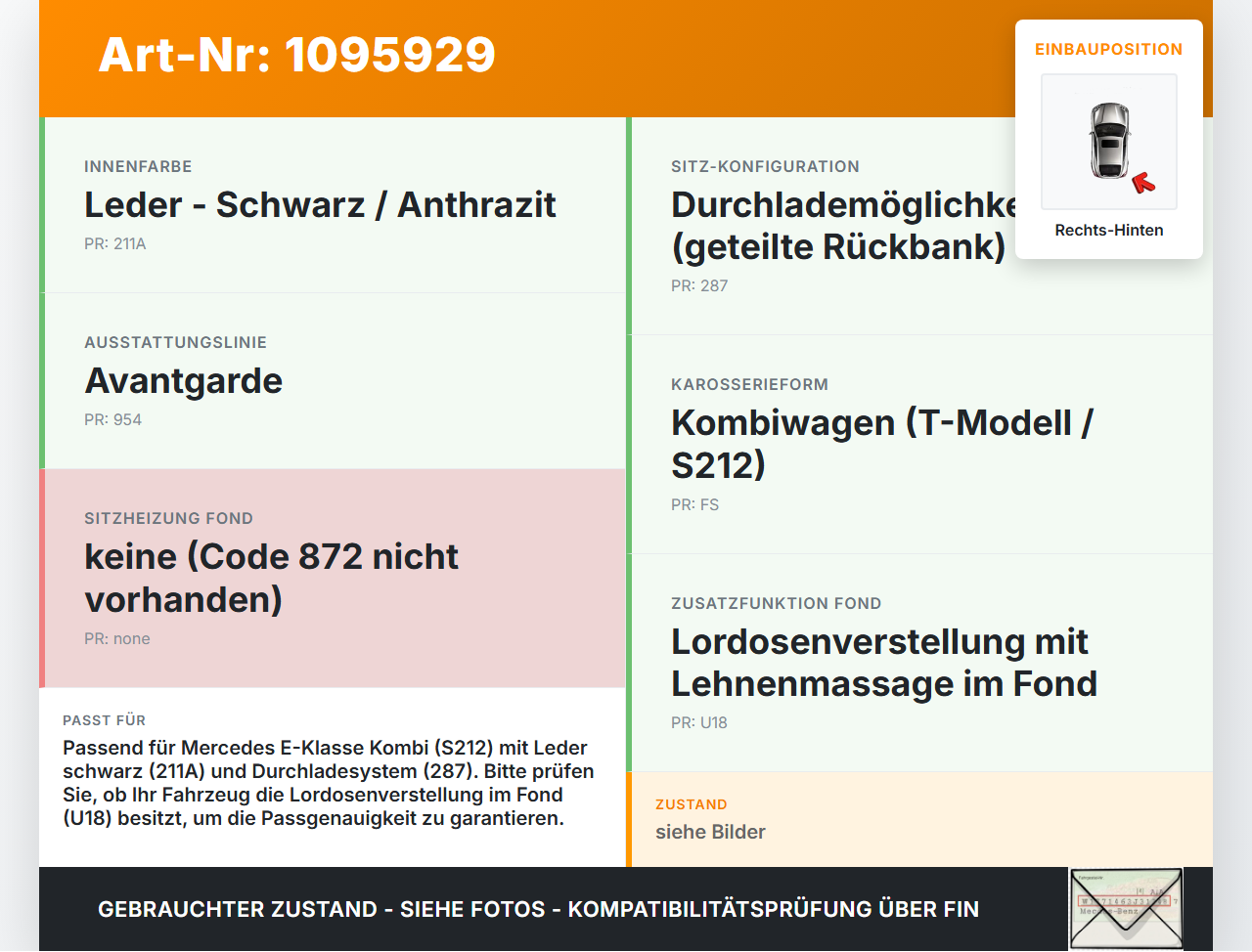 Mercedes S212 W212 E300h 13-16 Kombi Sitzbezug Rückenpolster Rechts für Rücksitzbank Hinten Mercedes S212 W212... Vorschau 3