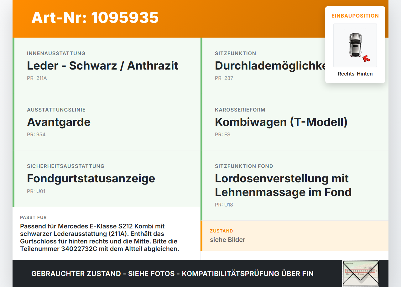 Mercedes S212 W212 E300h 13-16 Kombi Gurtschloss Rechts Hinten und Mitte Mercedes S212 W212 E300h 13-16 26.06.2013... Vorschau 3