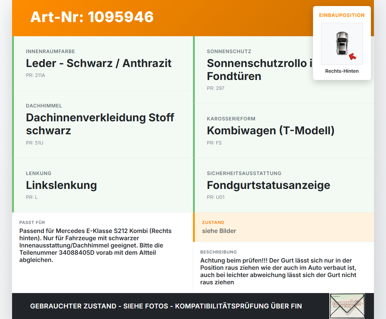 Mercedes S212 W212 E300h 13-16 Kombi Gurt Sicherheitsgurt Rechts Hinten Mercedes S212 W212 E300h 13-16 26.06.2013... Vorschau 3