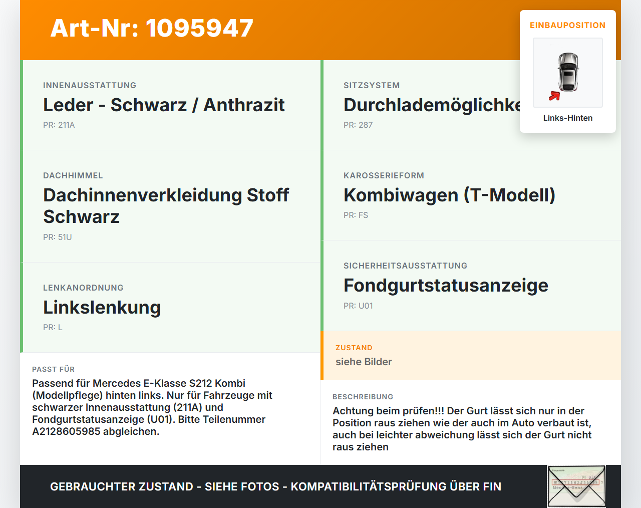 Mercedes S212 W212 E300h 13-16 Kombi Gurt Gurtstraffer Sicherheitsgurt Links Hinten Mercedes S212 W212 E300h 13-16... Vorschau 3