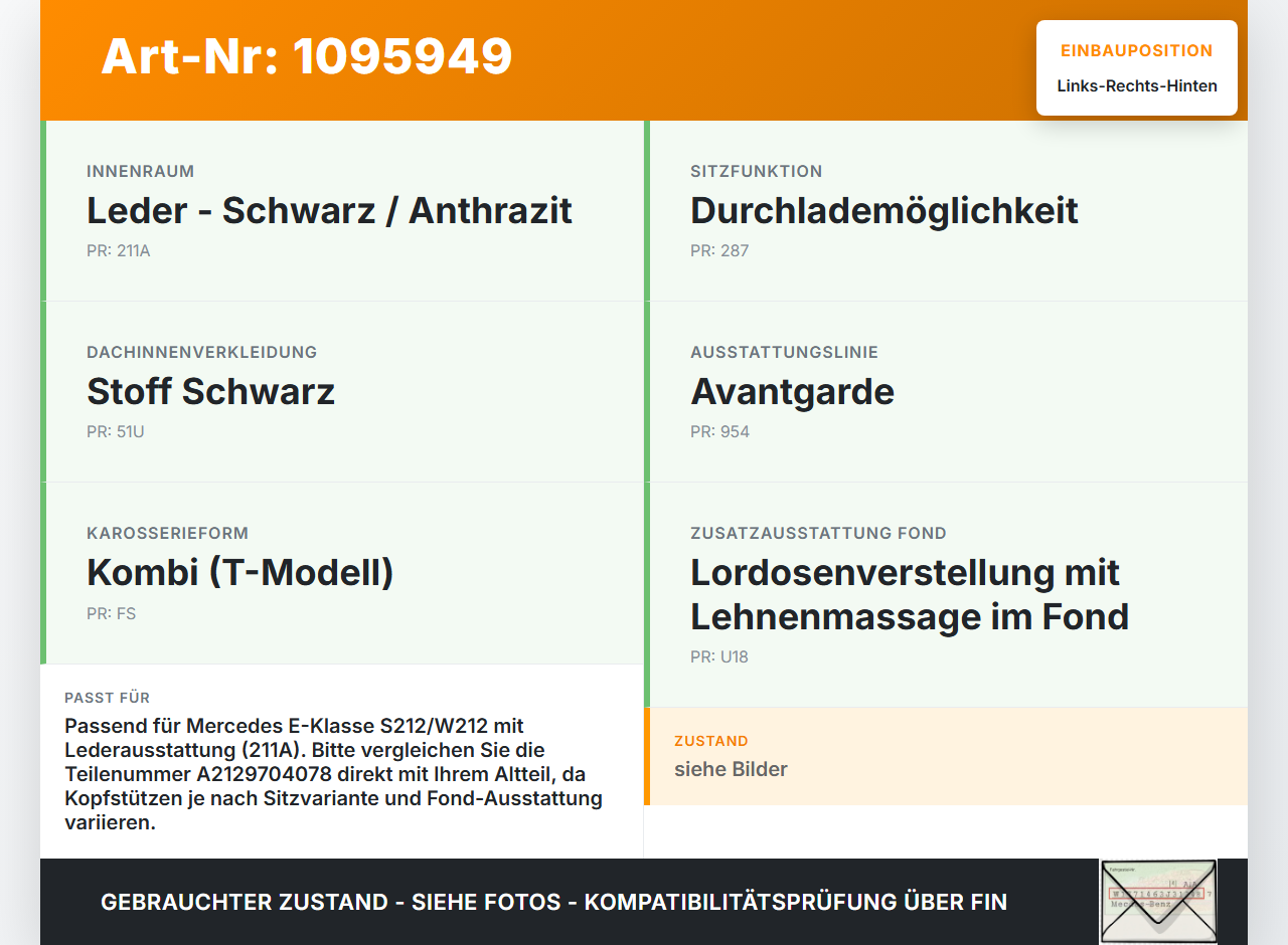 Mercedes S212 W212 E300h 13-16 Kopfstütze Rechts oder Links Hinten Mercedes S212 W212 E300h 13-16 26.06.2013... Vorschau 3