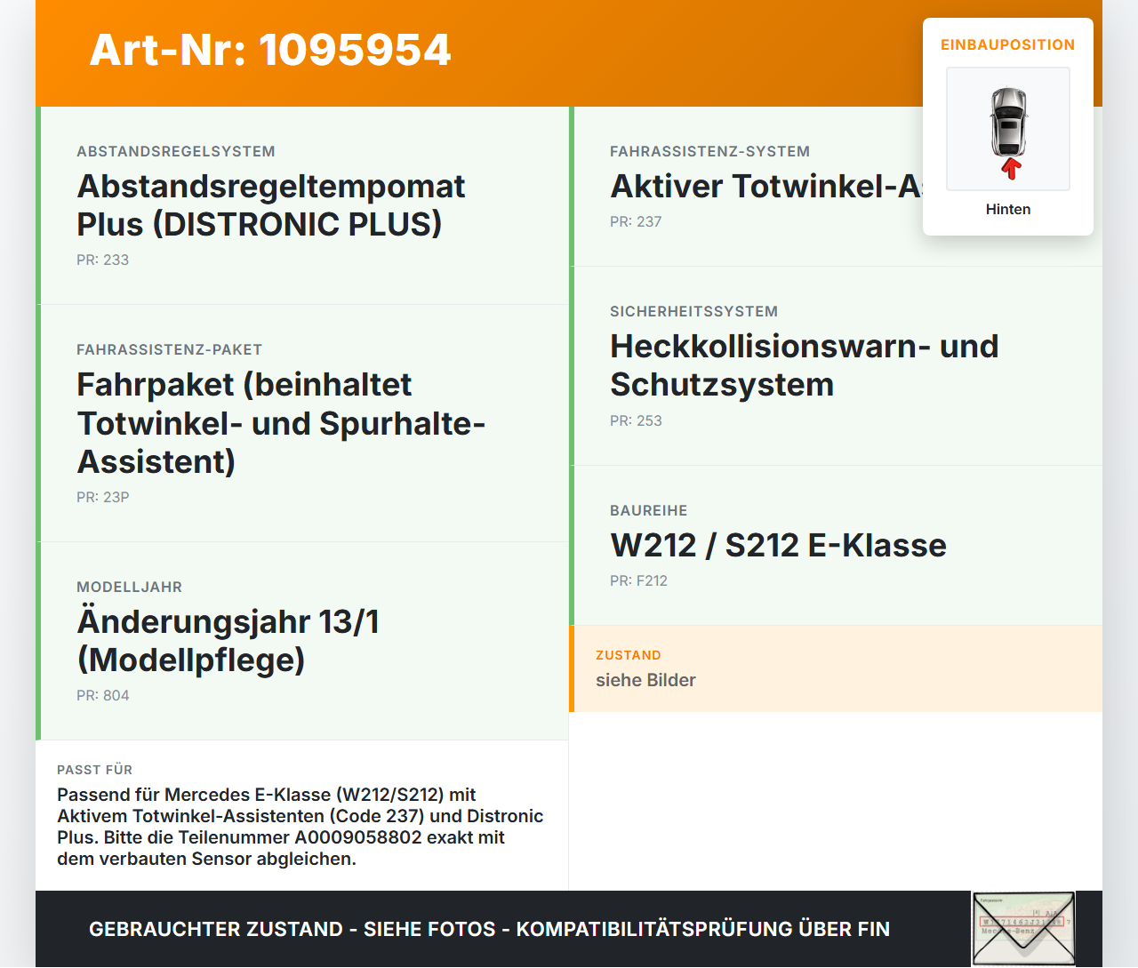Mercedes S212 W212 E300h 13-16 CDI 2,1 150KW Radarsensor Totwinkelassistent Abstandsradar Mitte Hinten Mercedes... Vorschau 3
