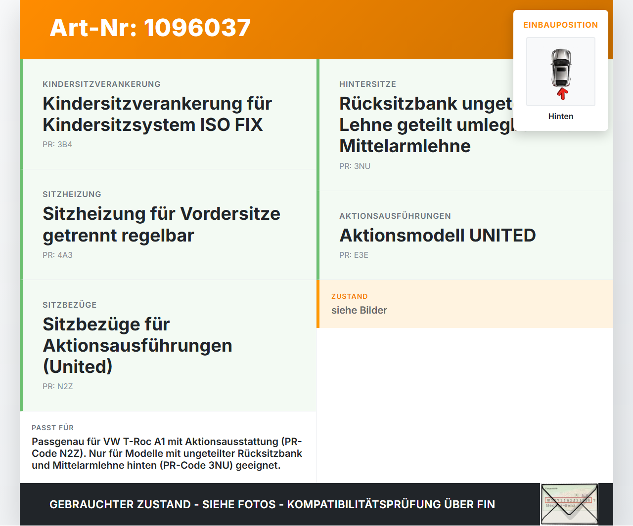 VW T-Roc A1 17-21 Sitzbezug Sitzpolster für Rücksitzbank Hinten VW T-Roc A1 17-21 24.11.2020 2GA885375D 1948405379... Vorschau 3
