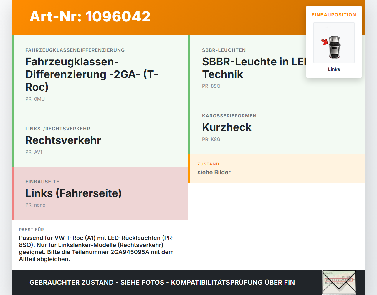 VW T-Roc A1 17-21 Rückleuchte Rücklicht Heckleuchte Links orig VW T-Roc A1 17-21 24.11.2020 2GA945095D 2GA945095A... Vorschau 3