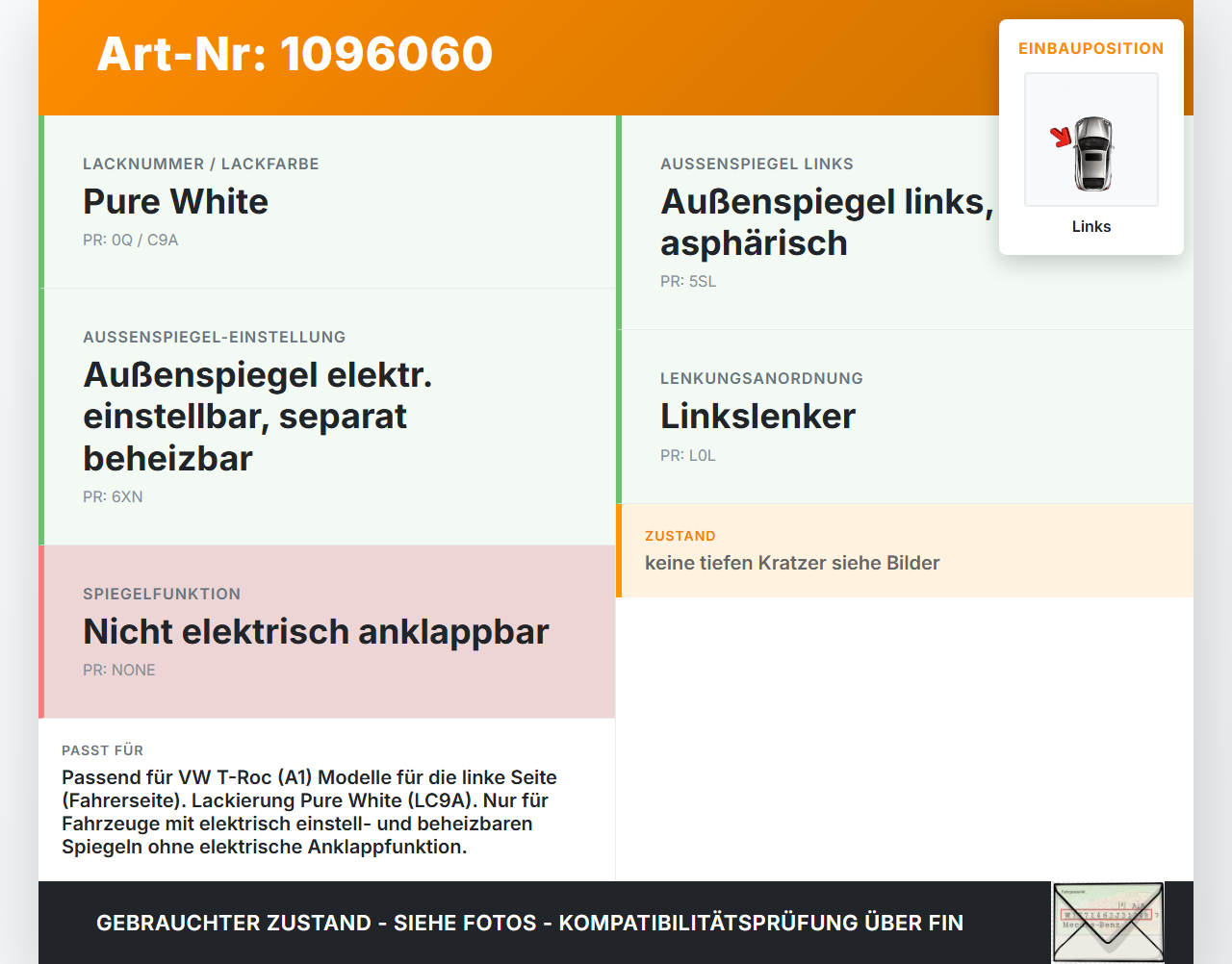 VW T-Roc A1 17-21 Spiegelkappe Abdeckung für Aussenspiegel Links LC9A VW T-Roc A1 17-21 24.11.2020 2GA857537 gebraucht Vorschau 3