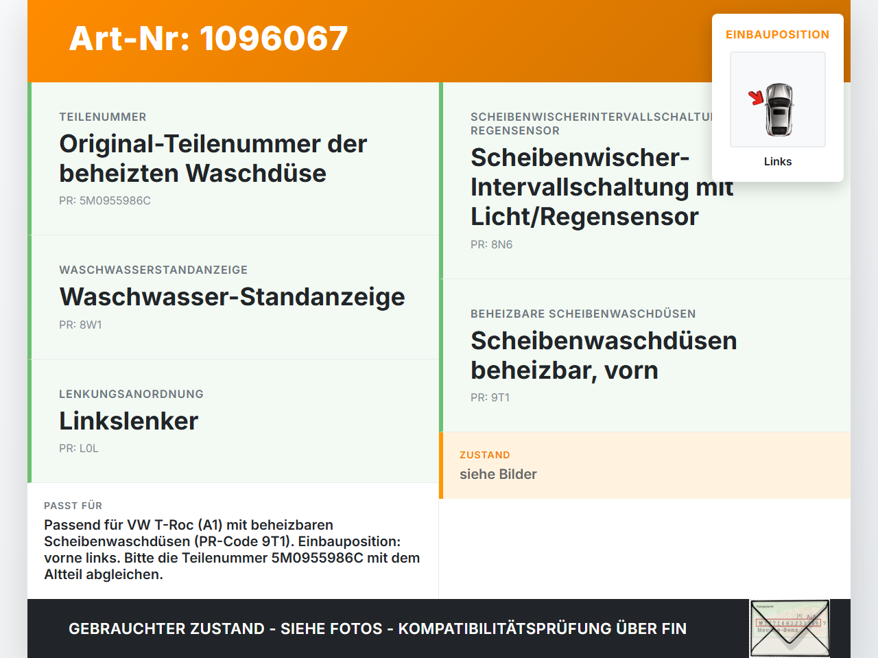 VW T-Roc A1 17-21 Waschdüse für Windschutzscheibe WS Links beheizt VW T-Roc A1 17-21 24.11.2020 5M0955986C gebraucht Vorschau 3