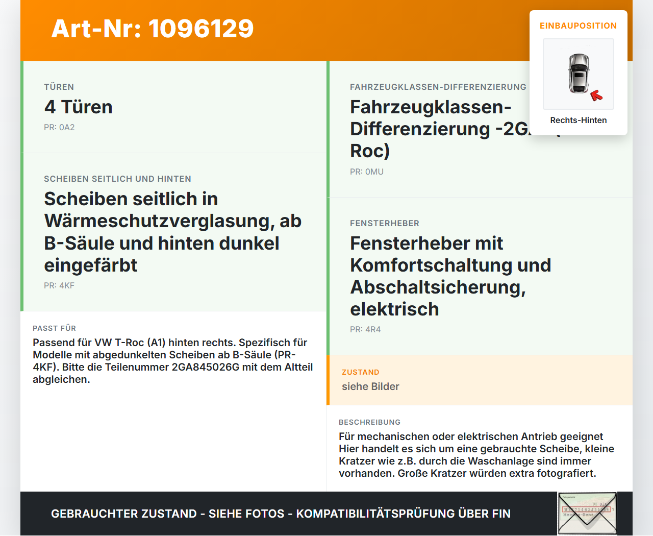 VW T-Roc A1 17-21 Seitenscheibe RHK Türscheibe Rechts Hinten Orig. getönt VW T-Roc A1 17-21 24.11.2020 2GA845026G... Vorschau 3