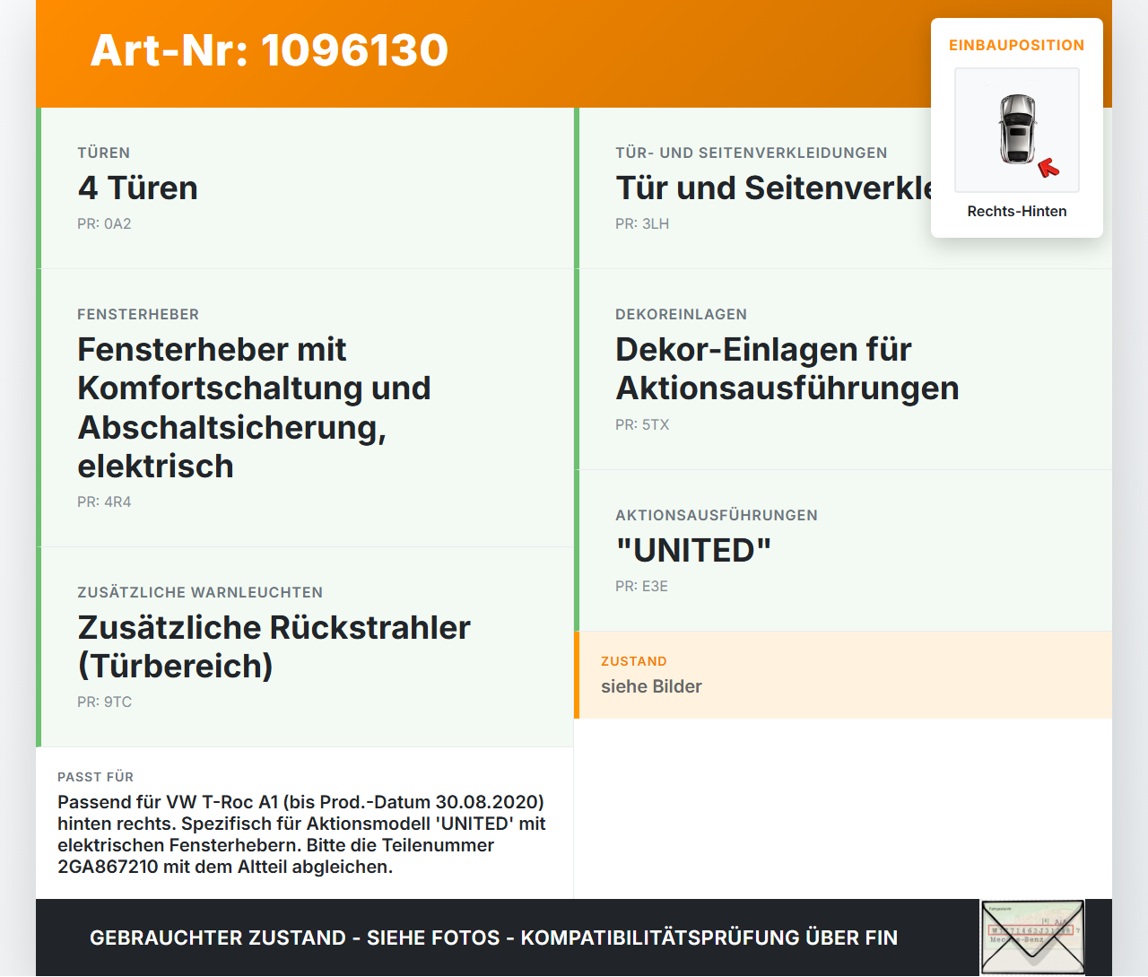 VW T-Roc A1 17-21 Türverkleidung Türpappe Rechts Hinten VW T-Roc A1 17-21 24.11.2020 2GA867210 gebraucht Vorschau 3