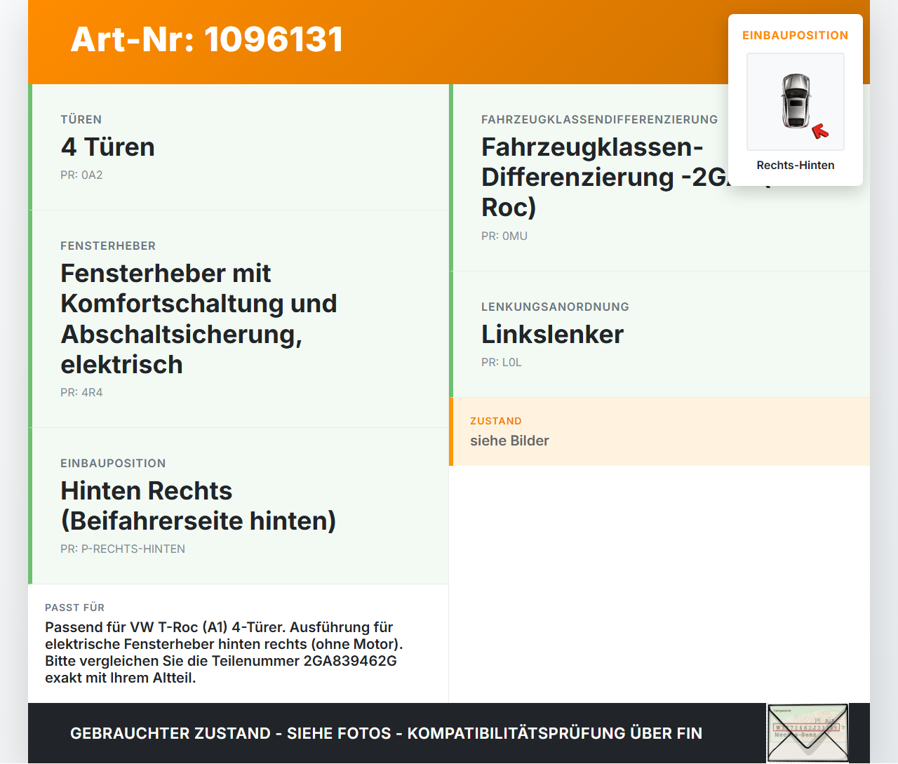VW T-Roc A1 17-21 Fensterheber o. FH-Motor Hinten Rechts VW T-Roc A1 17-21 24.11.2020 2GA839462G gebraucht Vorschau 3