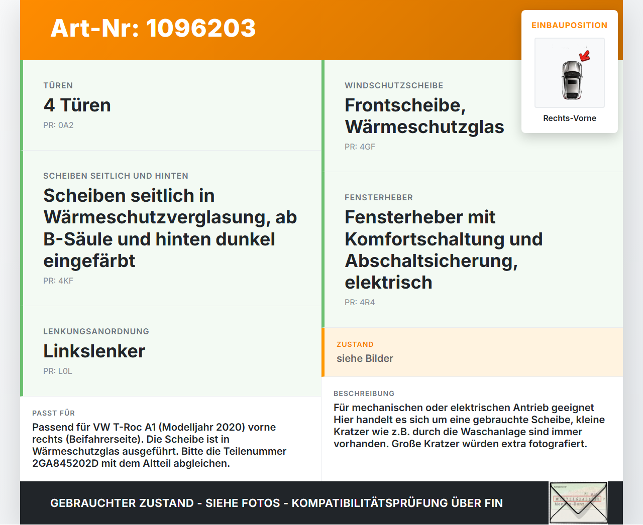 VW T-Roc A1 17-21 Seitenscheibe RVK Türscheibe Rechts Vorne VW T-Roc A1 17-21 24.11.2020 2GA845202D gebraucht Vorschau 3