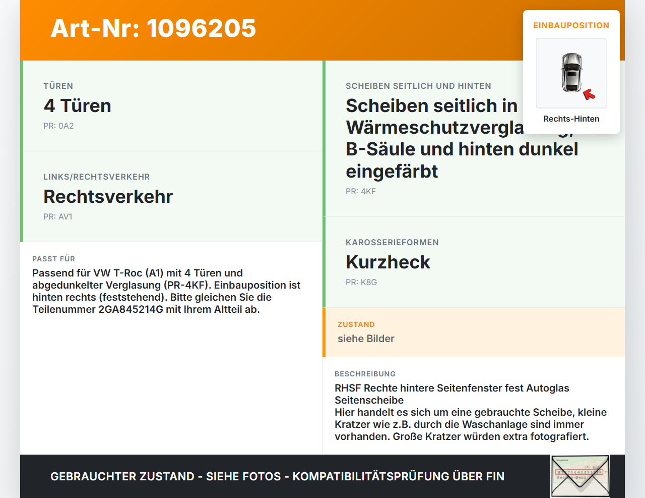 VW T-Roc A1 17-21 Seitenscheibe Feste Scheibe Rechts Hinten VW T-Roc A1 17-21 24.11.2020 2GA845214G gebraucht Vorschau 3