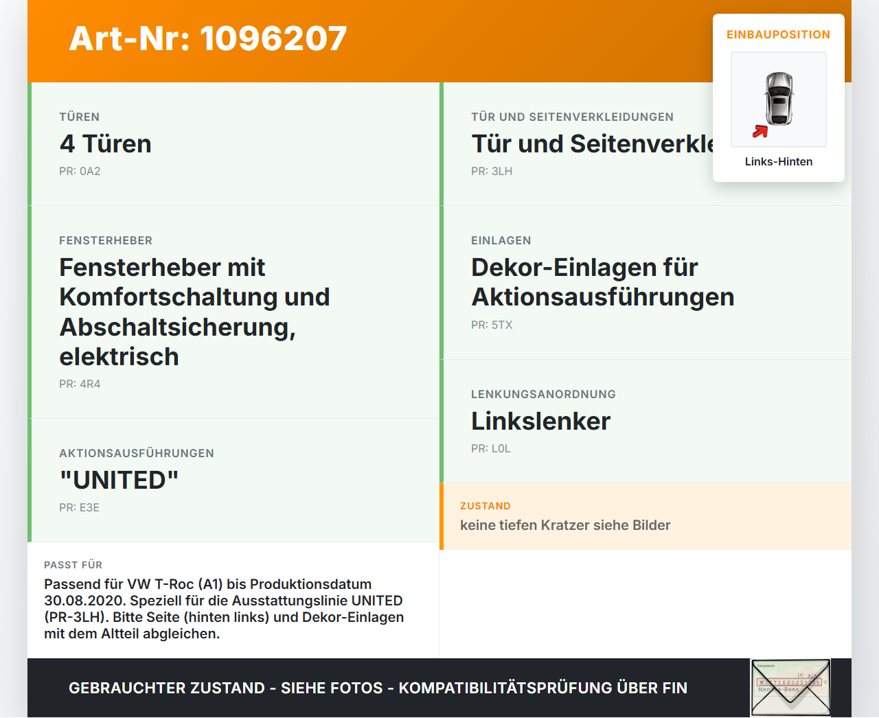 VW T-Roc A1 17-21 Türverkleidung Türpappe Links Hinten VW T-Roc A1 17-21 24.11.2020 2GA867209 2GA867211B gebraucht Vorschau 3