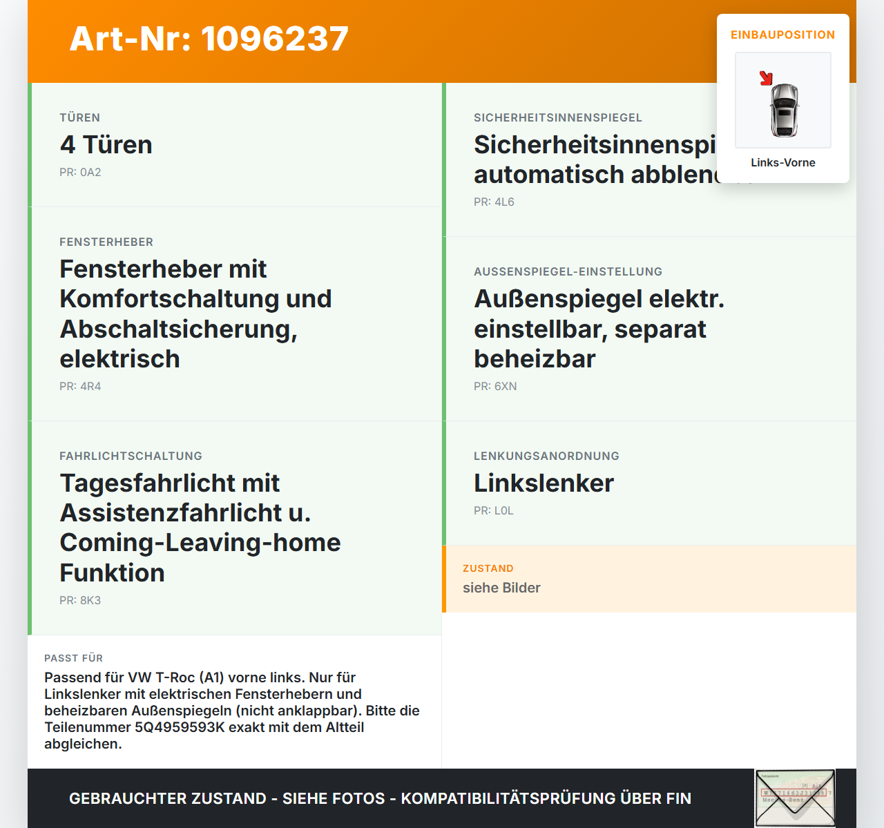 VW T-Roc A1 17-21 Steuergerät ECU SG Türmodul Links Vorne VW T-Roc A1 17-21 24.11.2020 5Q4959593K A2C7678120500... Vorschau 3